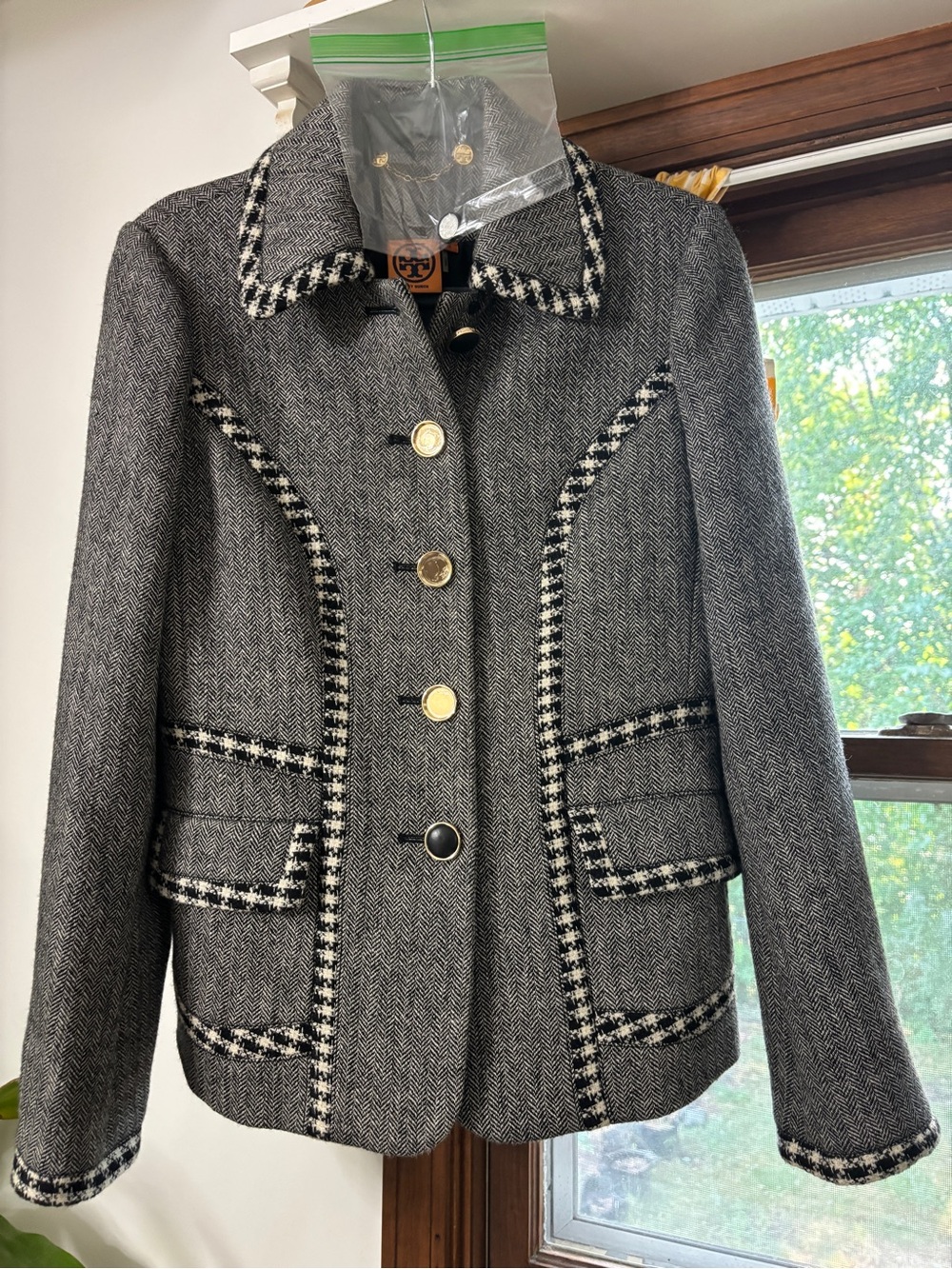 Tory Burch Gray Herringbone Blazer with Black-and-White Houndstooth Trim